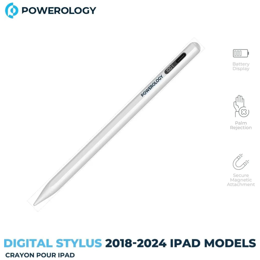 Powerology Stylus Pen for iPad, Real-Time Display, Palm Rejection, Magnetic, 15H Battery, Type-C Charging – White