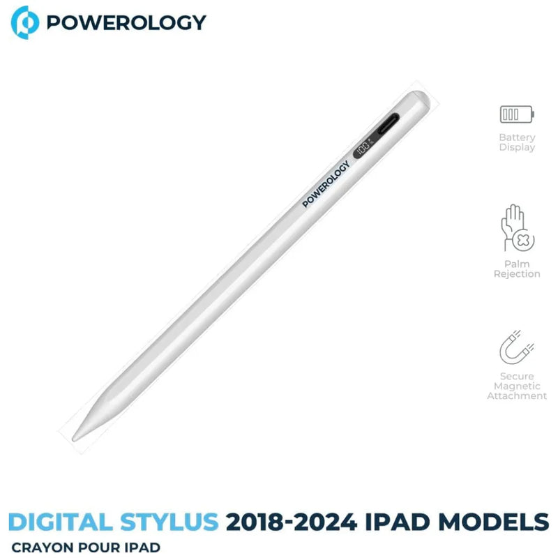 Powerology Stylus Pen for iPad, Real-Time Display, Palm Rejection, Magnetic, 15H Battery, Type-C Charging – White-3