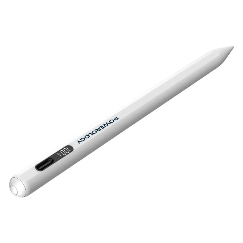 Powerology Stylus Pen for iPad, Real-Time Display, Palm Rejection, Magnetic, 15H Battery, Type-C Charging – White