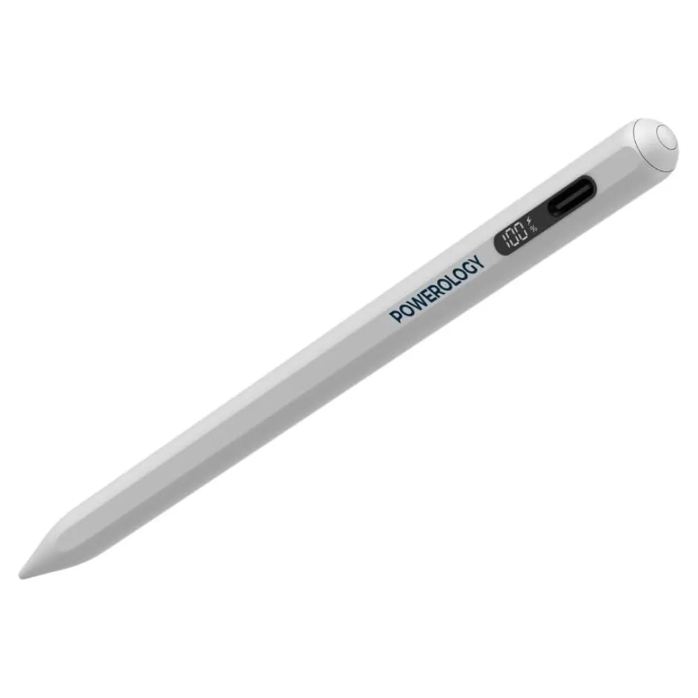 Powerology Stylus Pen for iPad, Real-Time Display, Palm Rejection, Magnetic, 15H Battery, Type-C Charging – White