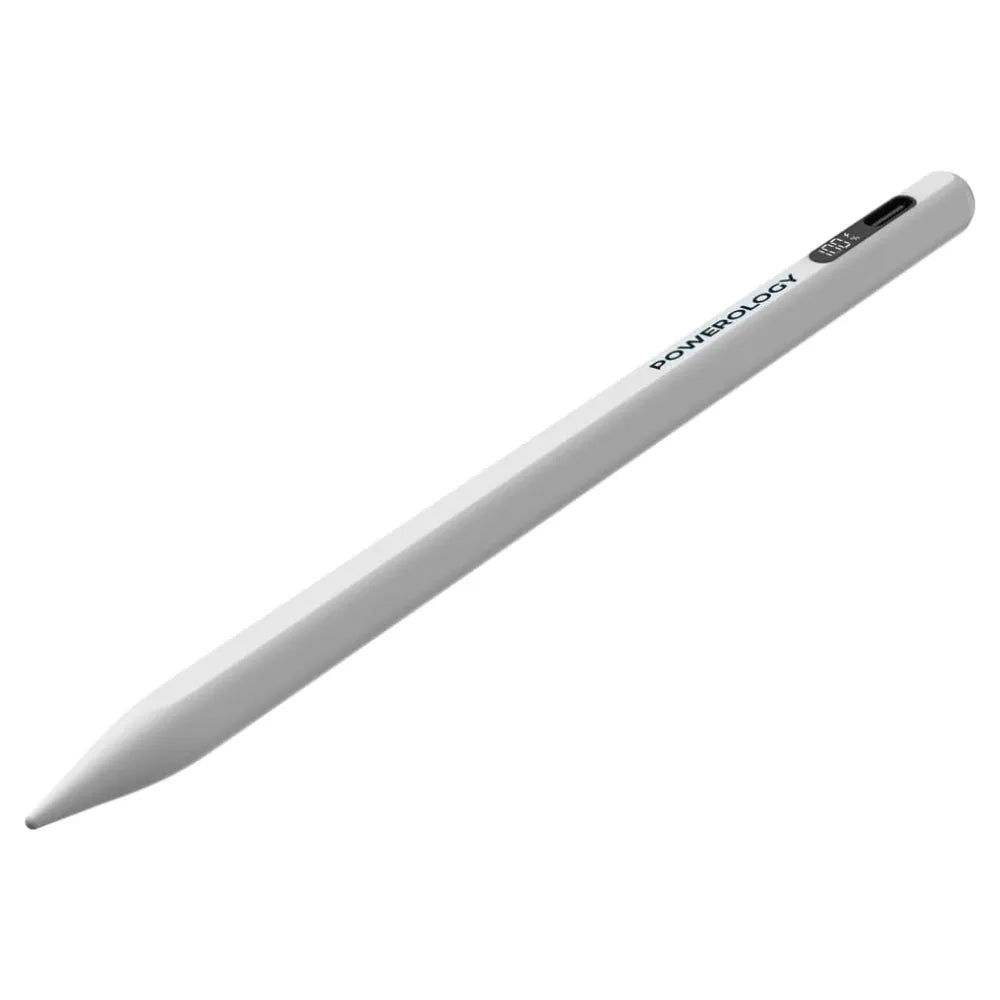 Powerology Stylus Pen for iPad, Real-Time Display, Palm Rejection, Magnetic, 15H Battery, Type-C Charging – White