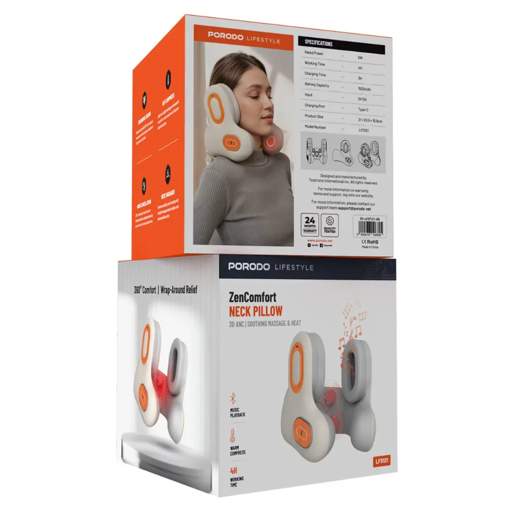 Porodo ZenComfort Neck Massager with Music Playback, Noise Cancellation, Khaki