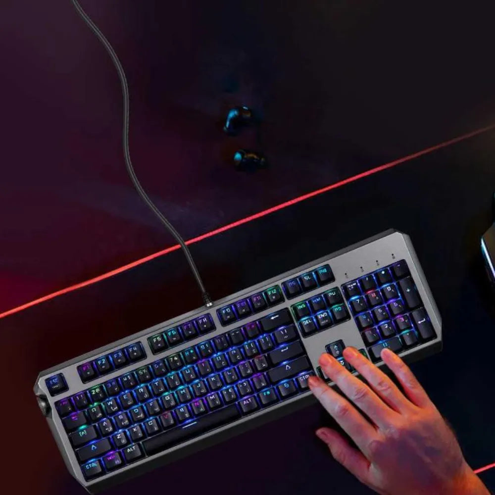 Porodo Gaming Wired Mechanical Keyboard – Gateron Pro Switches, Anti-Ghosting, 104 Keys with RGB Backlight, Volume Knob, US/Arabic Layout