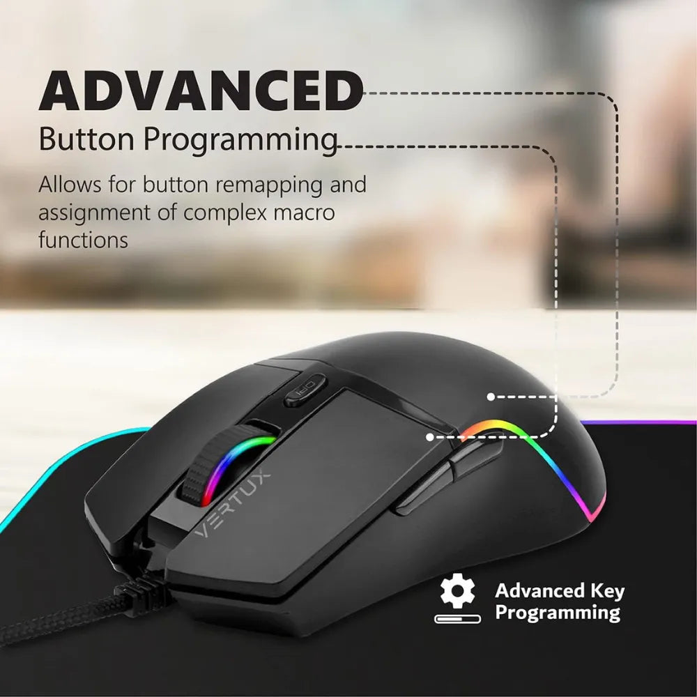 Vertux Argon Gaming Mouse with 6400 DPI, RGB LED Backlight, Optical Tracking, USB Connectivity, 6 Programmable Buttons