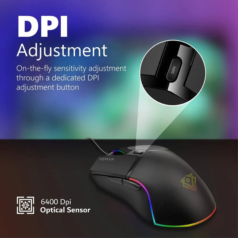 Vertux Argon Gaming Mouse with 6400 DPI, RGB LED Backlight, Optical Tracking, USB Connectivity, 6 Programmable Buttons