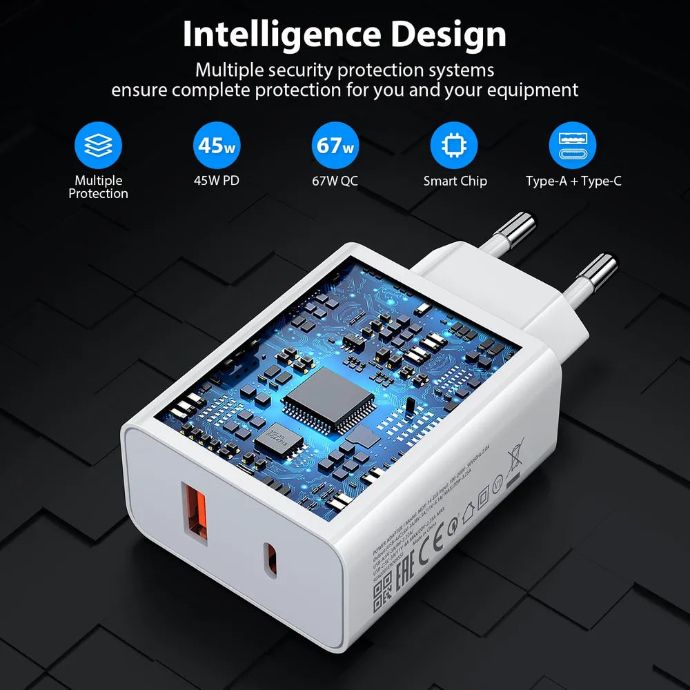 Power Fast Charging Adapter with USB-A to USB-C Compact Dual Port Universal Compatible 67W