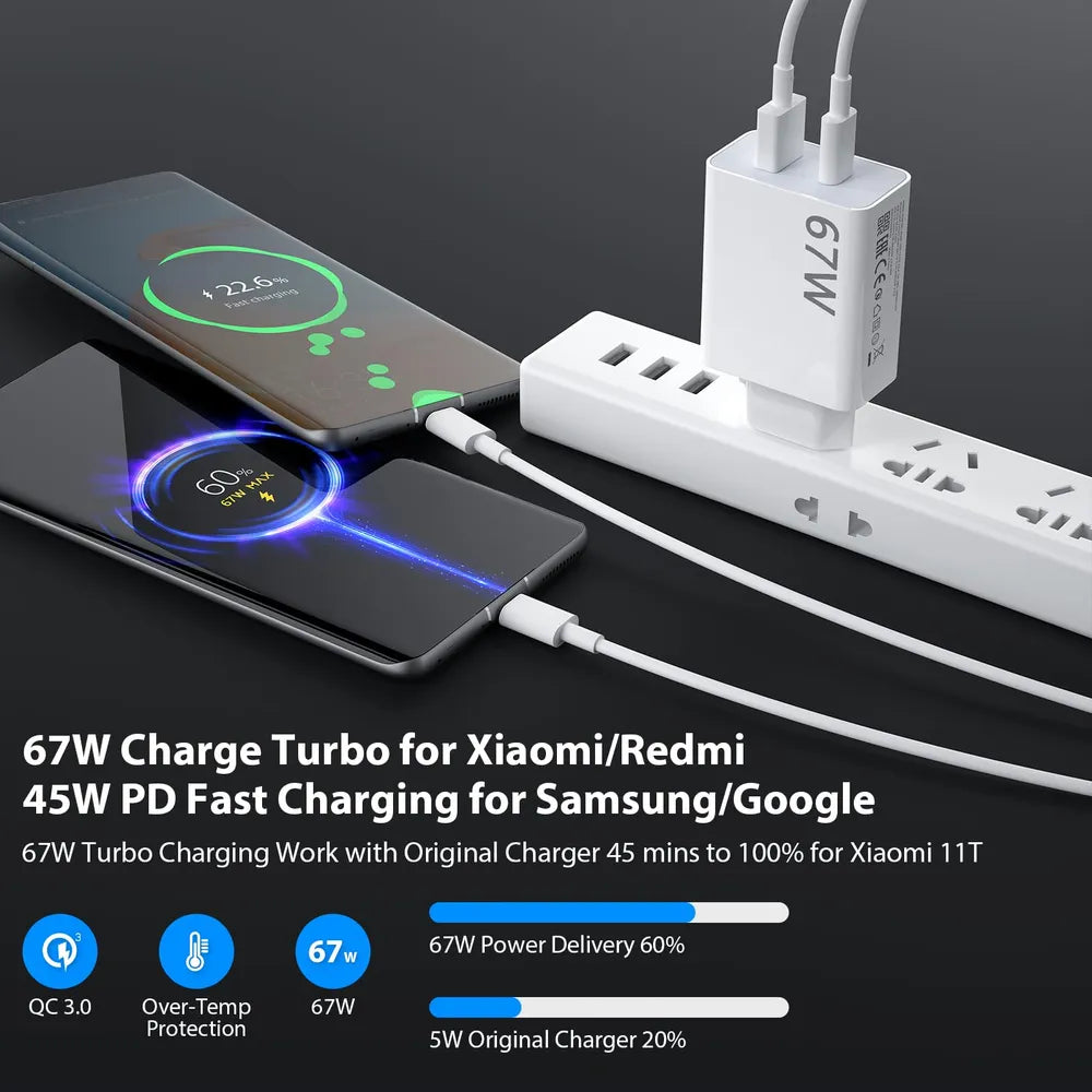 Power Fast Charging Adapter with USB-A to USB-C Compact Dual Port Universal Compatible 67W