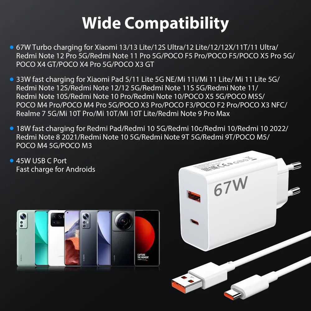 Power Fast Charging Adapter with USB-A to USB-C Compact Dual Port Universal Compatible 67W