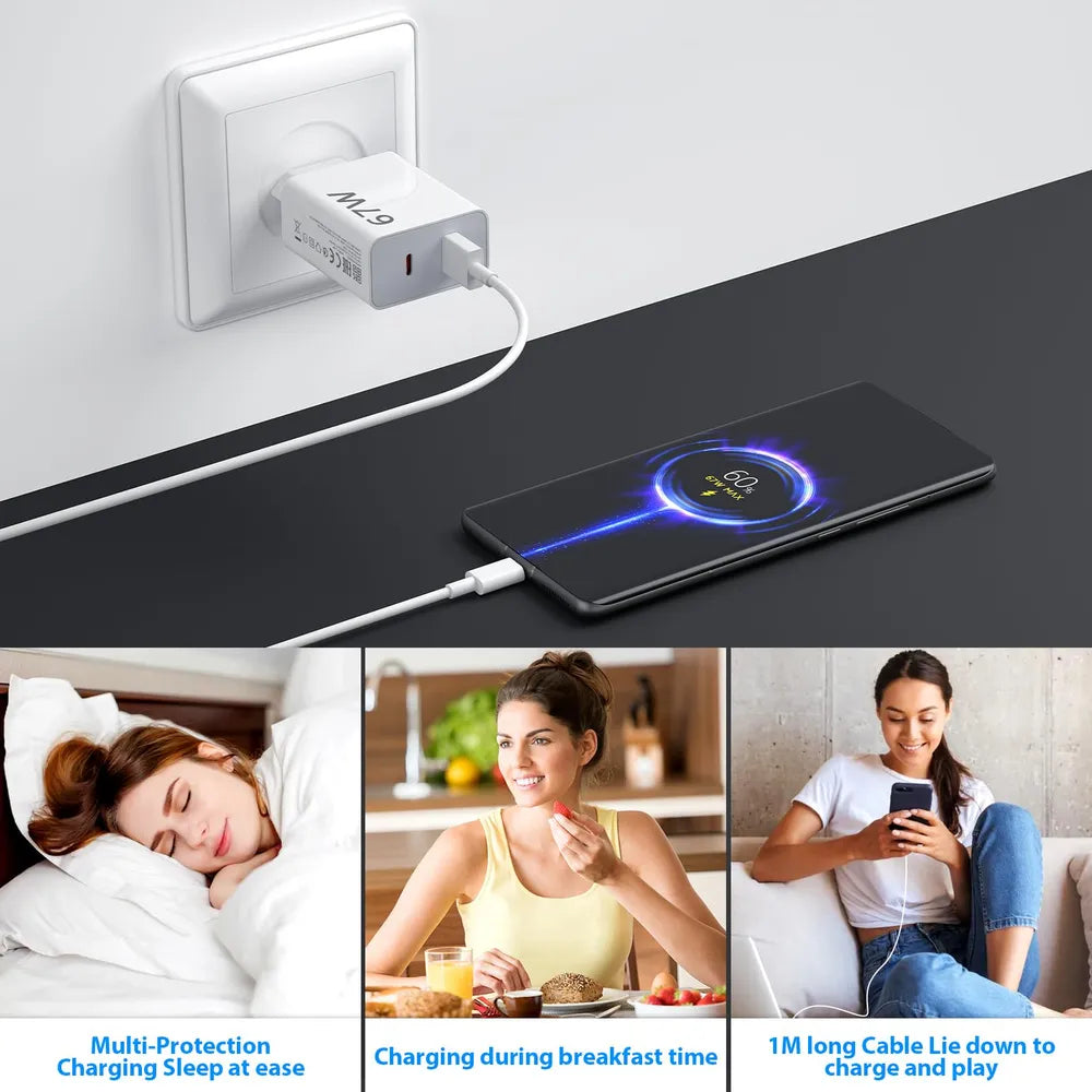 Power Fast Charging Adapter with USB-A to USB-C Compact Dual Port Universal Compatible 67W