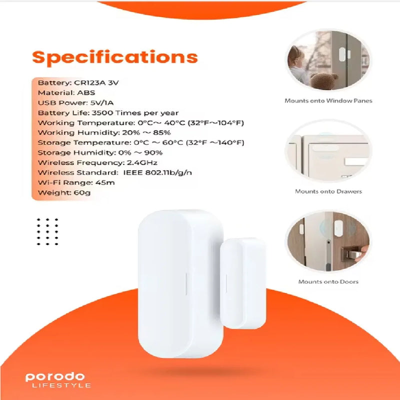 Porodo Smart Sensor Door & Window with Voice Assistant  3500 Times/Year Battery Life