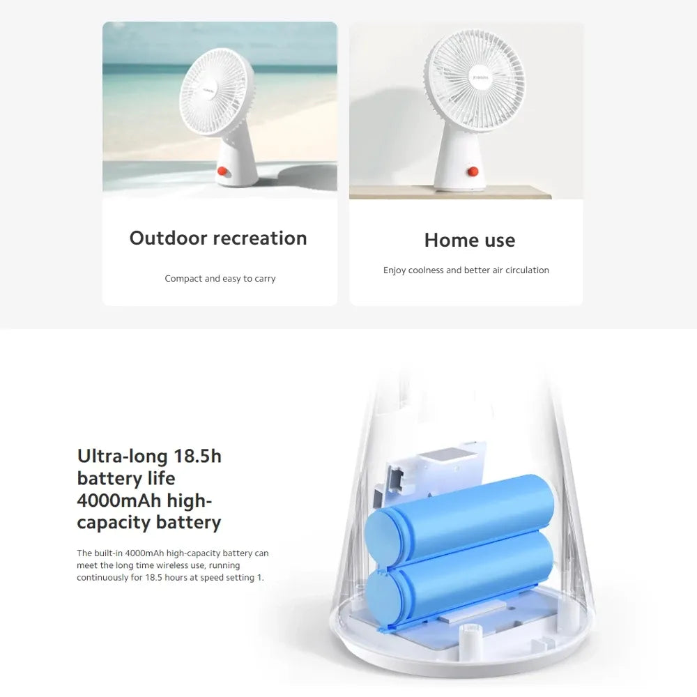 Xiaomi 2-in-1 Rechargeable Mini Fan 4000mAh 4 Wind Speeds Type-C Charging