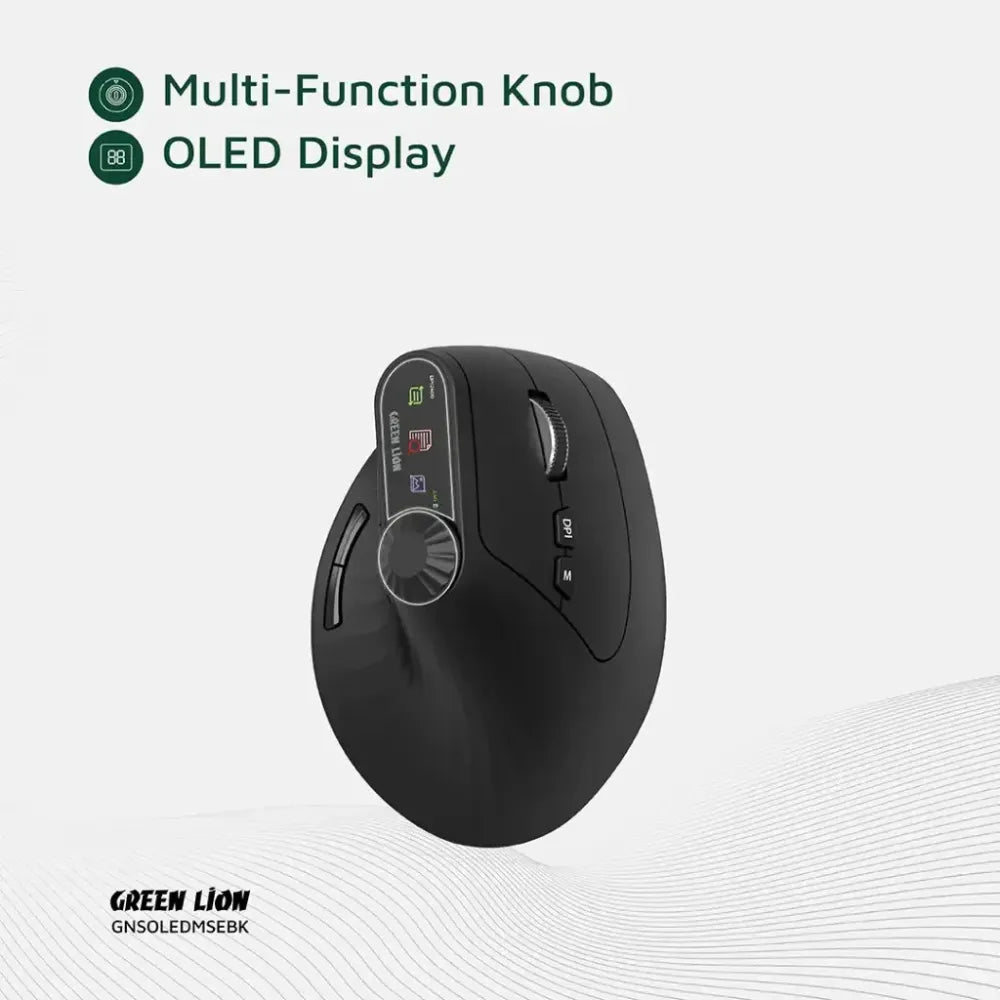 Green Lion Smart OLED Vertical Mouse with Dual Mode, 4000 DPI, Multi-Function Knob, and 65H Battery – Black
