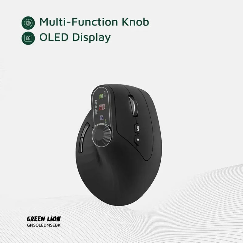 Green Lion Smart OLED Vertical Mouse with Dual Mode, 4000 DPI, Multi-Function Knob, and 65H Battery – Black