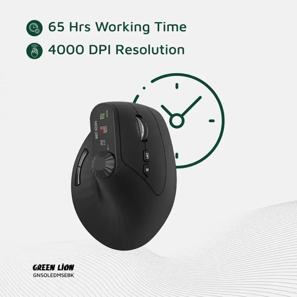 Green Lion Smart OLED Vertical Mouse with Dual Mode, 4000 DPI, Multi-Function Knob, and 65H Battery – Black