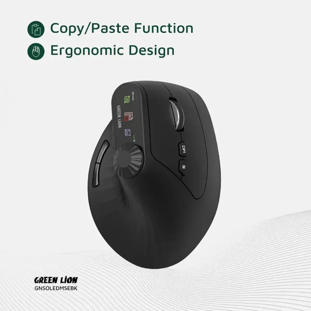 Green Lion Smart OLED Vertical Mouse with Dual Mode, 4000 DPI, Multi-Function Knob, and 65H Battery – Black