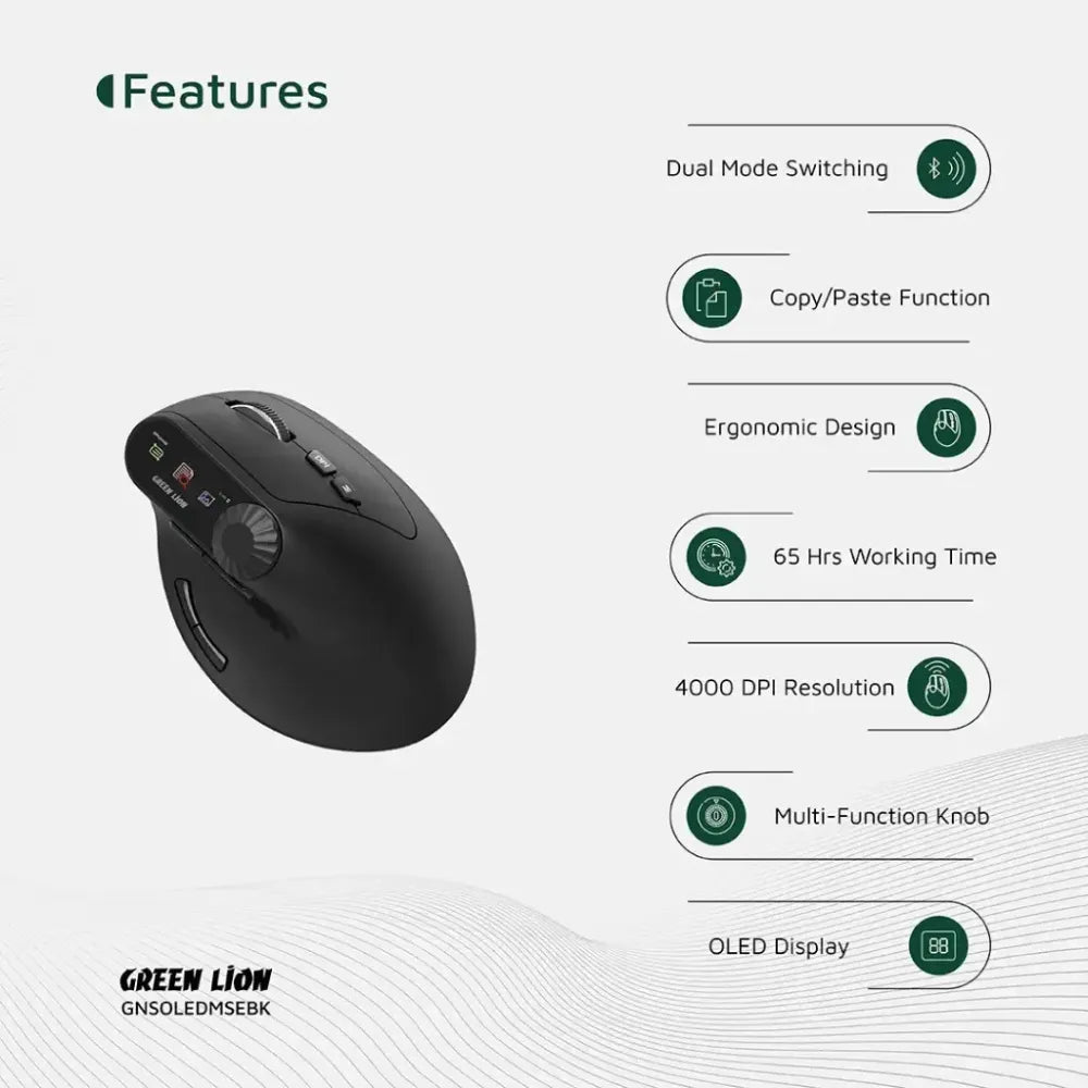 Green Lion Smart OLED Vertical Mouse with Dual Mode, 4000 DPI, Multi-Function Knob, and 65H Battery – Black