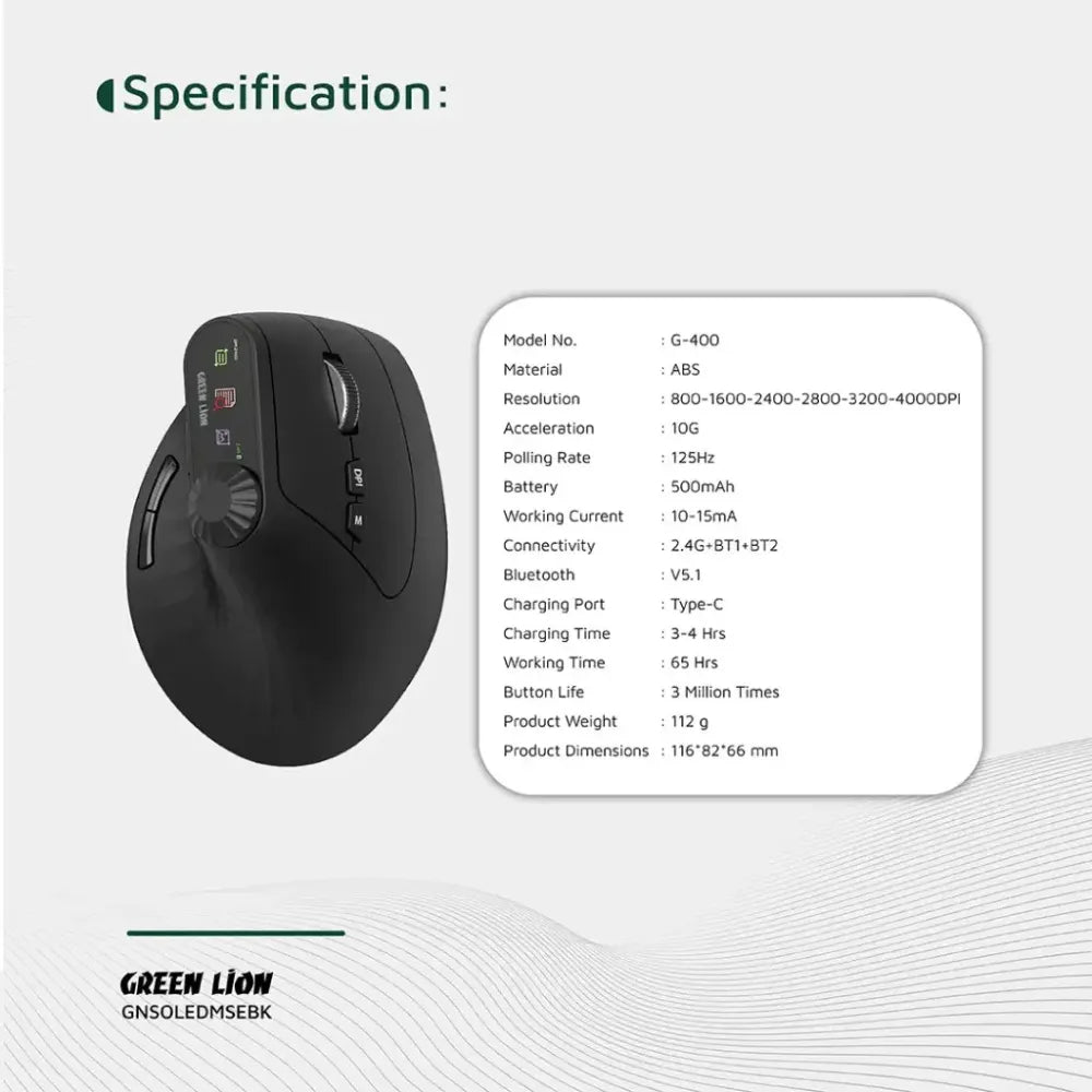 Green Lion Smart OLED Vertical Mouse with Dual Mode, 4000 DPI, Multi-Function Knob, and 65H Battery – Black