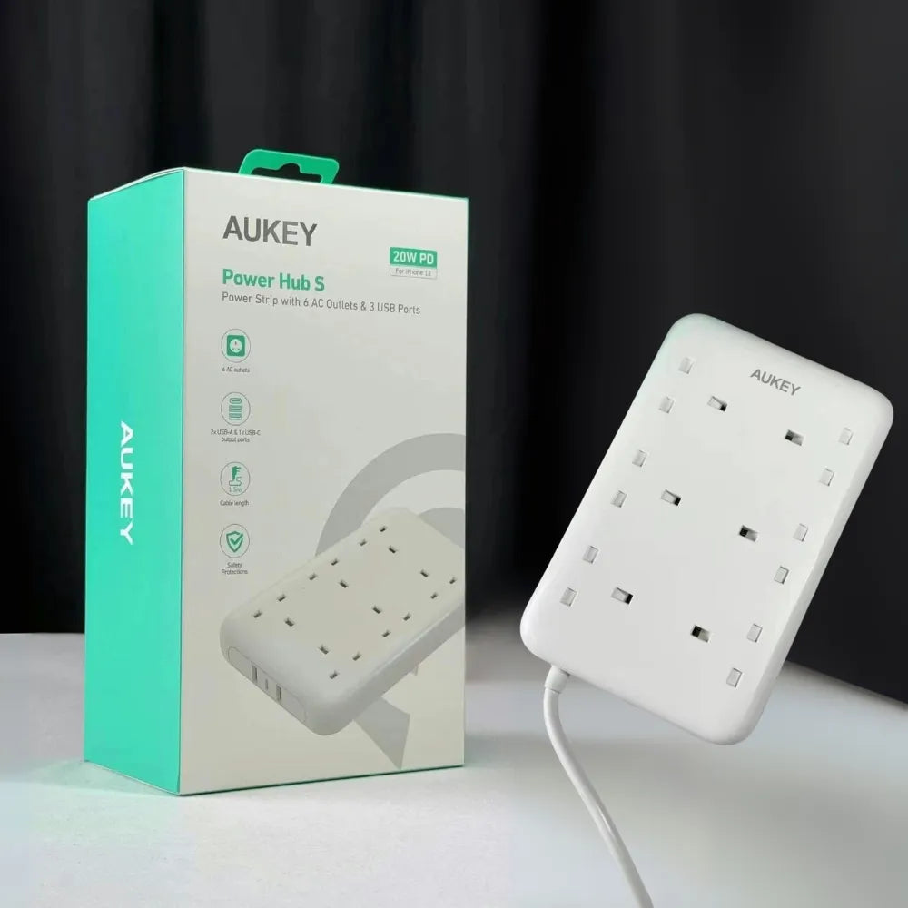 AUKEY Power Hub S – 6 AC Outlets, 2 USB-A & 1 USB-C (20W Fast Charge), 2500W Surge Protector with 1.5m Cable