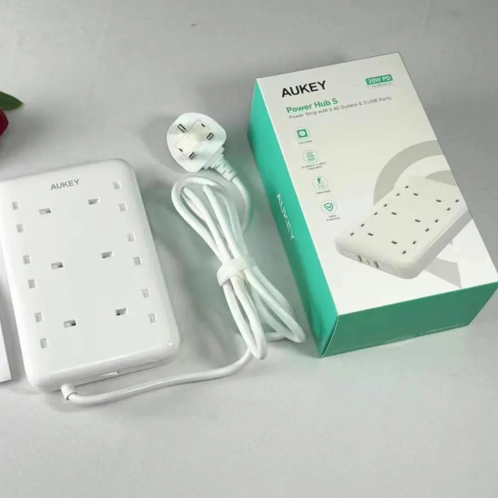 AUKEY Power Hub S – 6 AC Outlets, 2 USB-A & 1 USB-C (20W Fast Charge), 2500W Surge Protector with 1.5m Cable