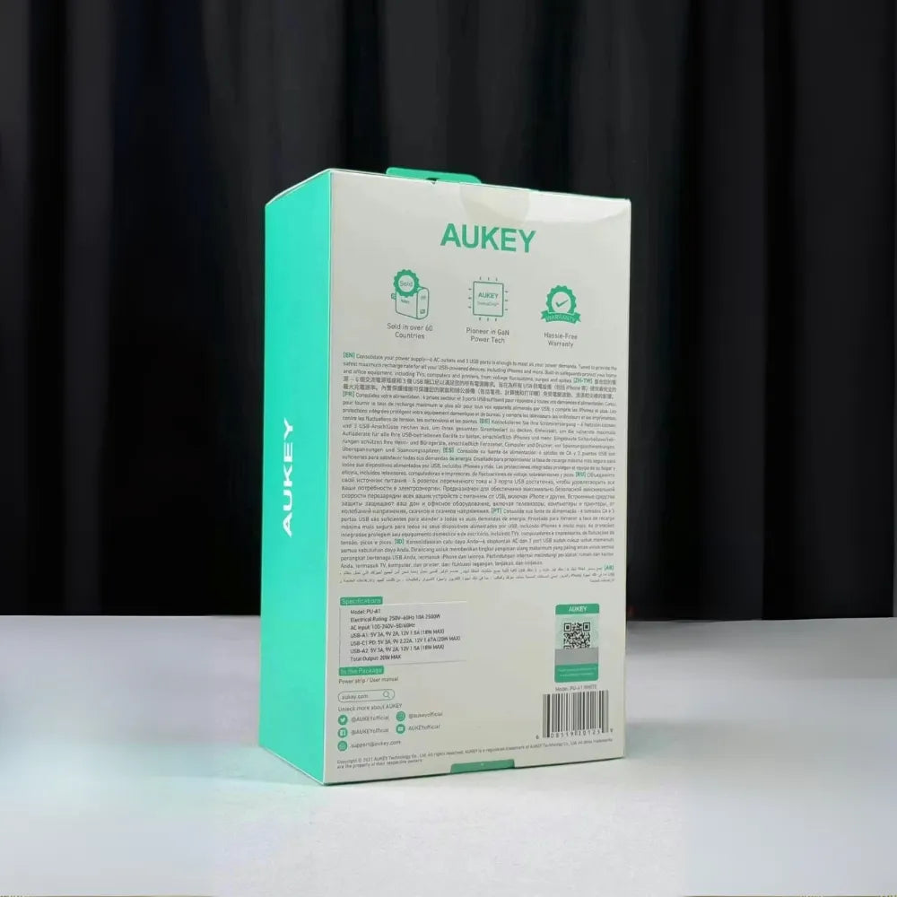 AUKEY Power Hub S – 6 AC Outlets, 2 USB-A & 1 USB-C (20W Fast Charge), 2500W Surge Protector with 1.5m Cable