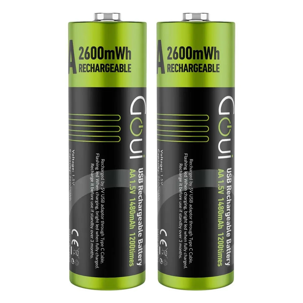 Goui Rechargeable AA Batteries Pack of 2 – 400mAh Capacity, USB Charging, Eco-Friendly & Safe for Daily Use