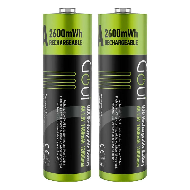Goui Rechargeable AA Batteries Pack of 2 – 400mAh Capacity, USB Charging, Eco-Friendly & Safe for Daily Use