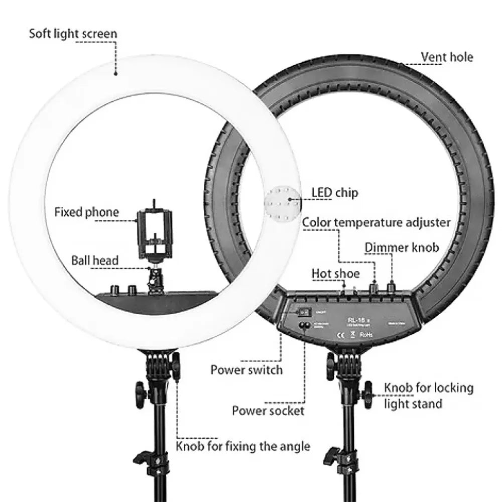 RL-18 18-Inch Selfie Ring Light with Tripod Stand, Adjustable Brightness & Color Temperature, 3 Mobile Holders, and Remote Control