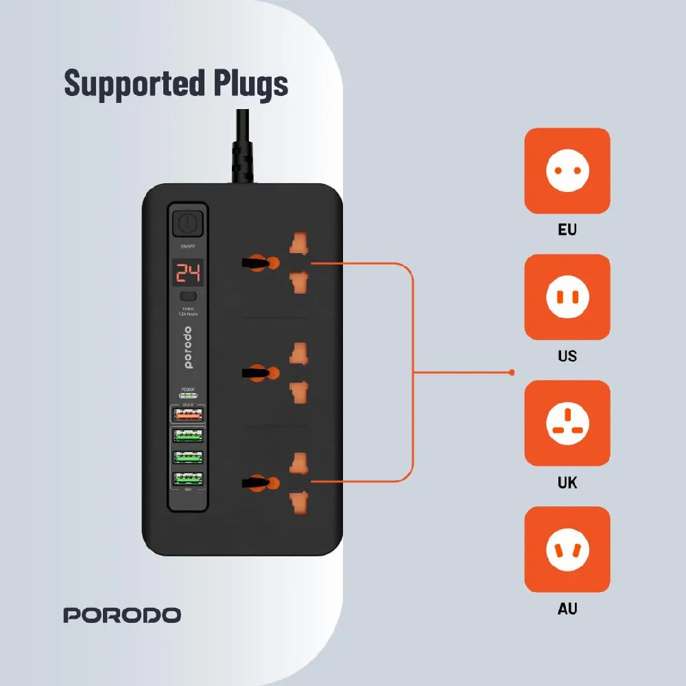 Porodo Quick Charge Power Socket with 5 USB Ports and 3 Sockets 33W