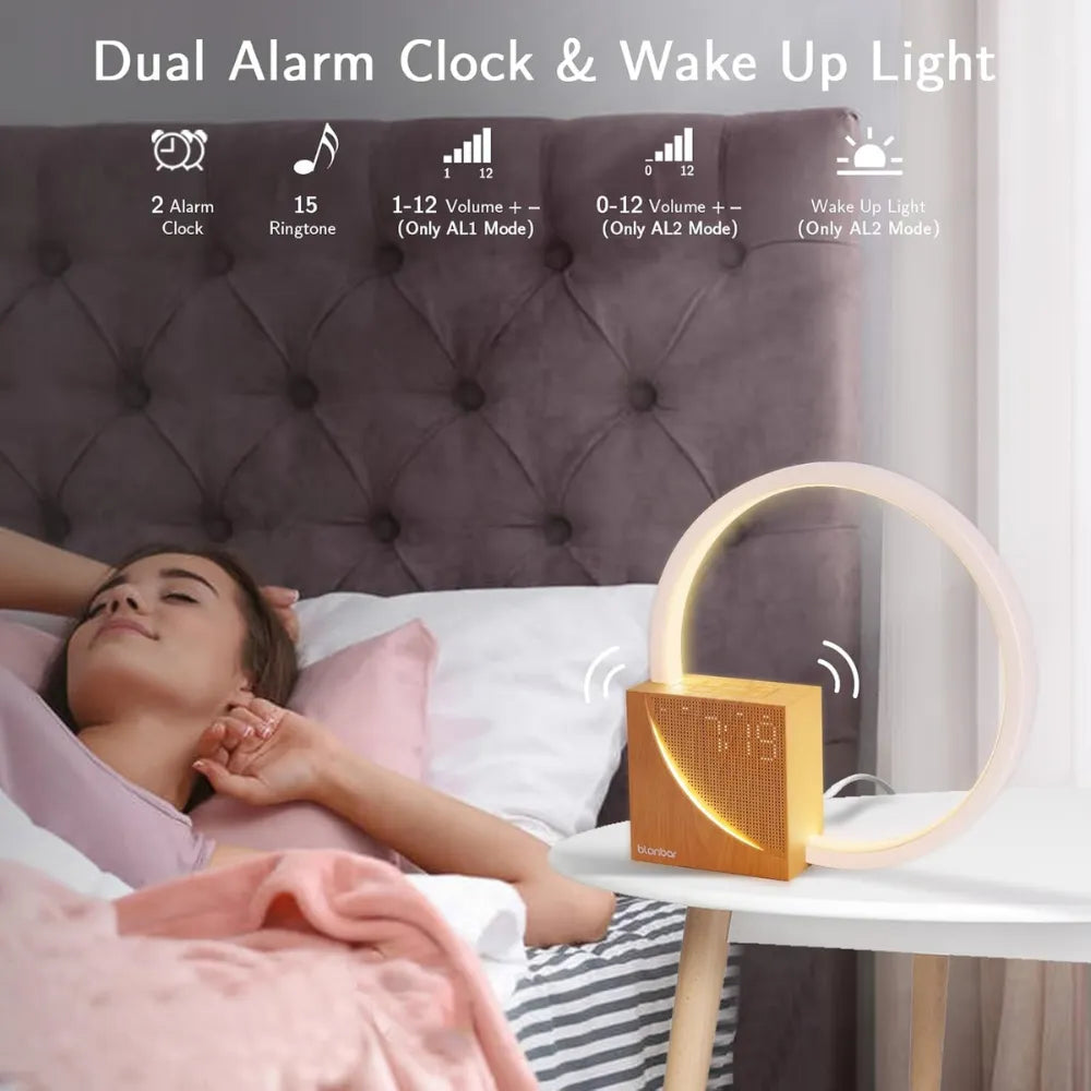 Touch Bedside Lamp with Dual Alarm Clock, USB Charging Port, 10 Sleep Sounds, Wake-Up Light, and 3-Level Dimmable LED