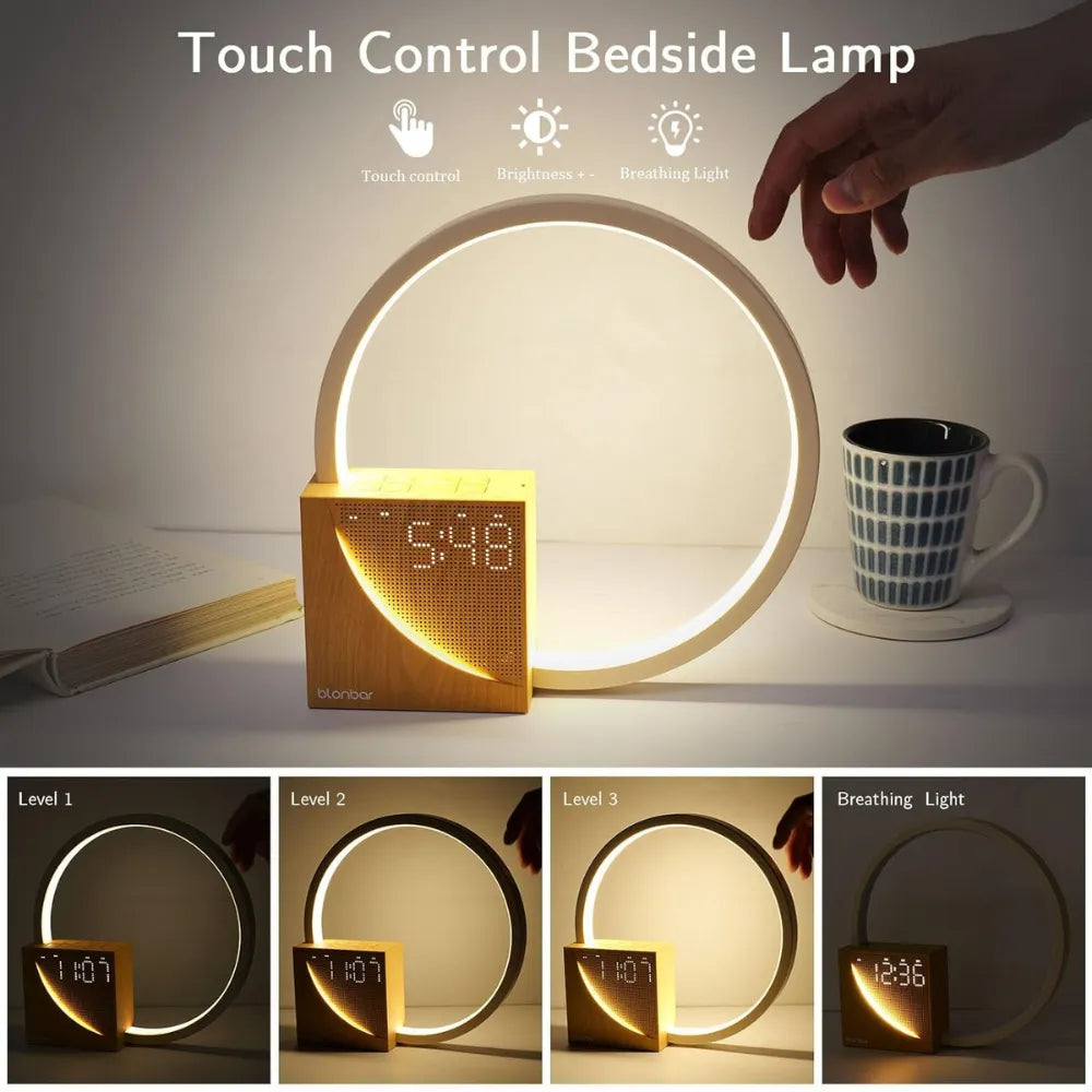 Touch Bedside Lamp with Dual Alarm Clock, USB Charging Port, 10 Sleep Sounds, Wake-Up Light, and 3-Level Dimmable LED