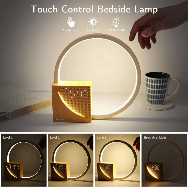 Touch Bedside Lamp with Dual Alarm Clock, USB Charging Port, 10 Sleep Sounds, Wake-Up Light, and 3-Level Dimmable LED