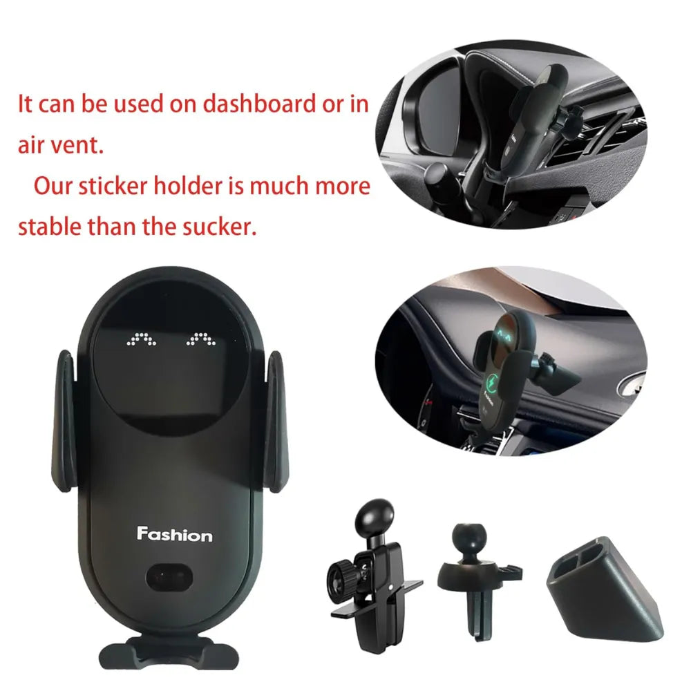 S11 Wireless Car Charger Mount 10W Fast Charging with Auto Clamping, LED Eyes, Air Vent & Dashboard Holder