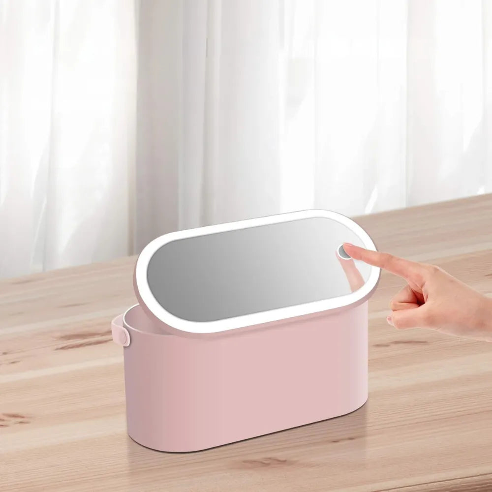 3-in-1 Cosmetic Makeup Storage Box with Adjustable LED Vanity Mirror – Battery/USB Powered, Compact Design
