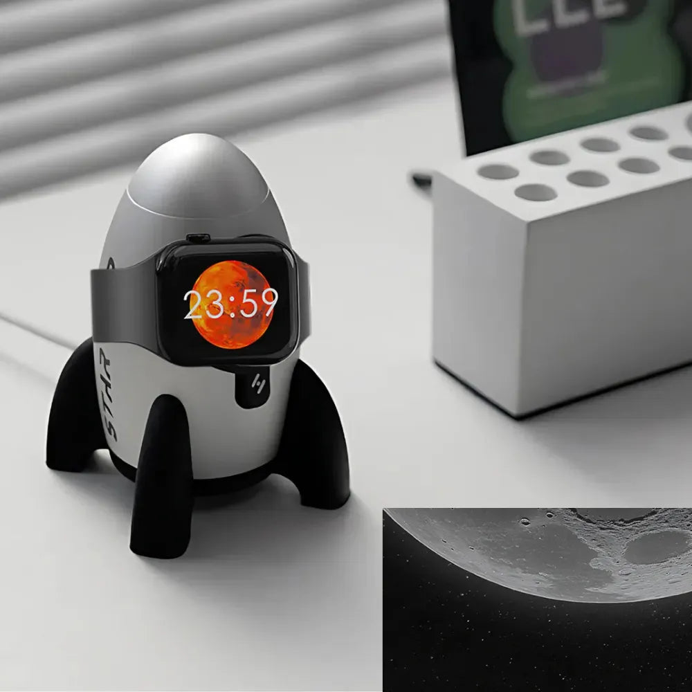 Apple Watch Aluminum Rocket Stand – Aerospace-Grade Build with Cable Management, Non-Slip Base, Premium Charging Dock