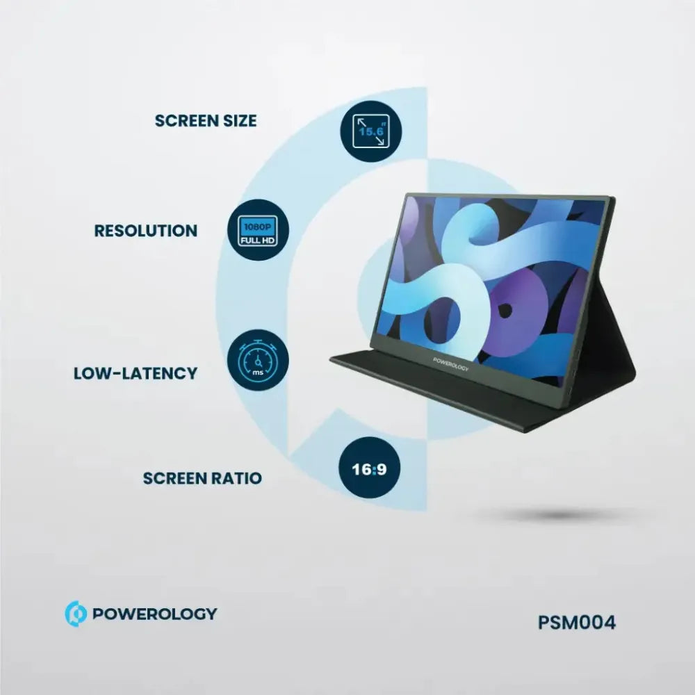 Powerology 15.6" Ultra-Slim Portable Monitor 144Hz IPS Full HD with USB-C, HDMI, Dual Speakers – Low Latency, sRGB 100%