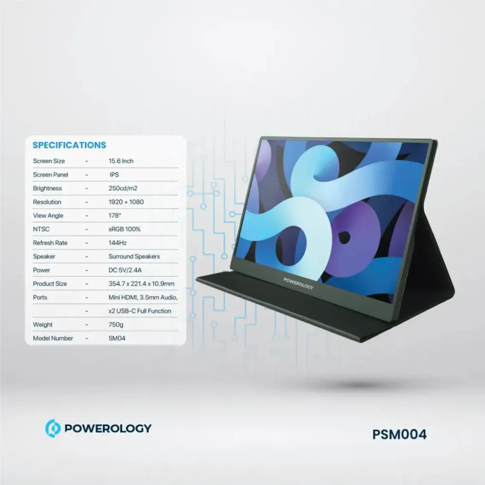 Powerology 15.6" Ultra-Slim Portable Monitor 144Hz IPS Full HD with USB-C, HDMI, Dual Speakers – Low Latency, sRGB 100%