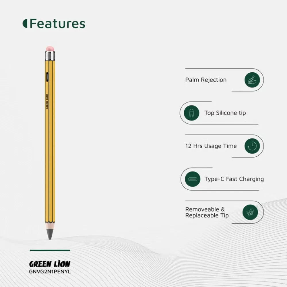 Green Lion GL-PEN5 Vintage 2 in 1 Stylus Pencil with Palm Rejection, No Delay, Tilt Sensitivity, and Type-C Fast Charging – Yellow