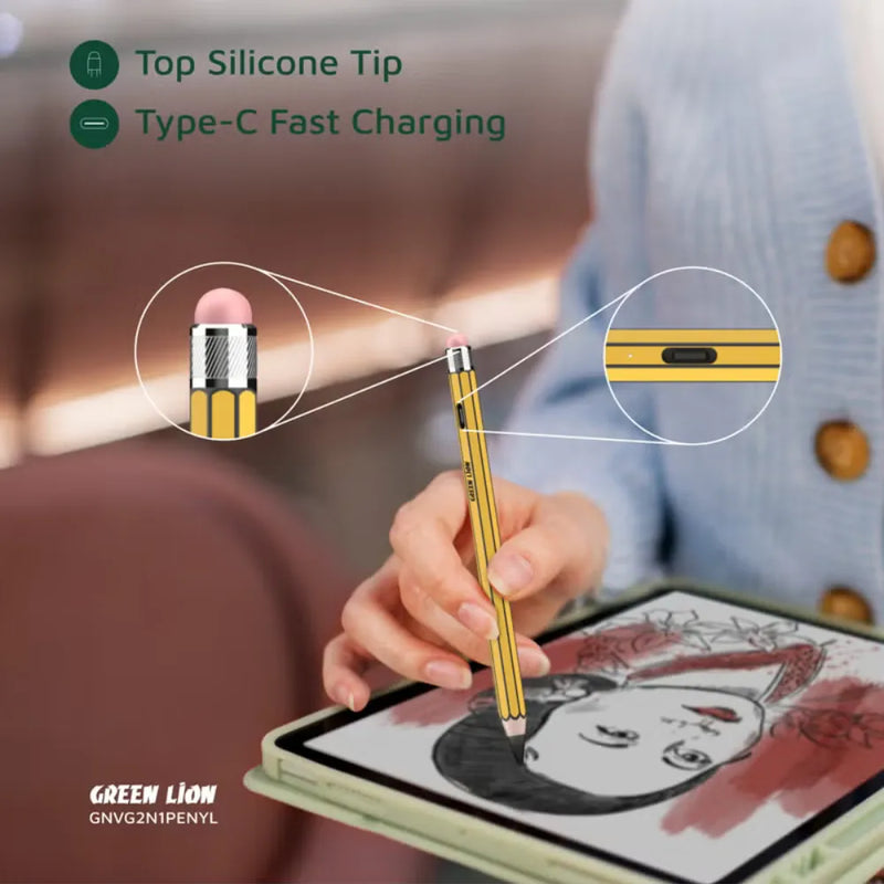 Green Lion GL-PEN5 Vintage 2 in 1 Stylus Pencil with Palm Rejection, No Delay, Tilt Sensitivity, and Type-C Fast Charging – Yellow