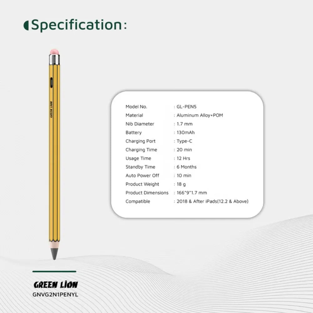 Green Lion GL-PEN5 Vintage 2 in 1 Stylus Pencil with Palm Rejection, No Delay, Tilt Sensitivity, and Type-C Fast Charging – Yellow