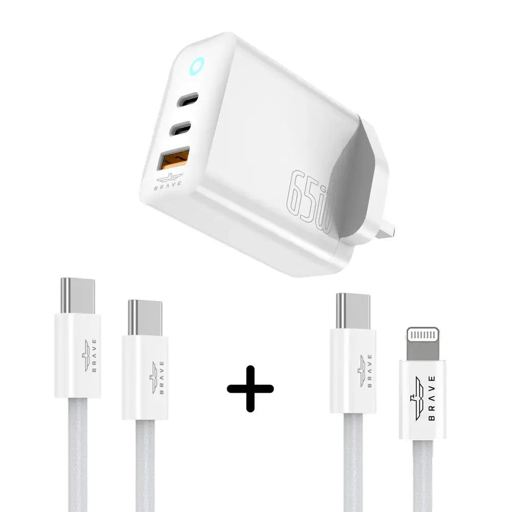 Brave 65W GaN 3-Port Fast Charger with Dual Type-C + USB-A 60W Type-C to C and 20W C to Lightning Cables - White