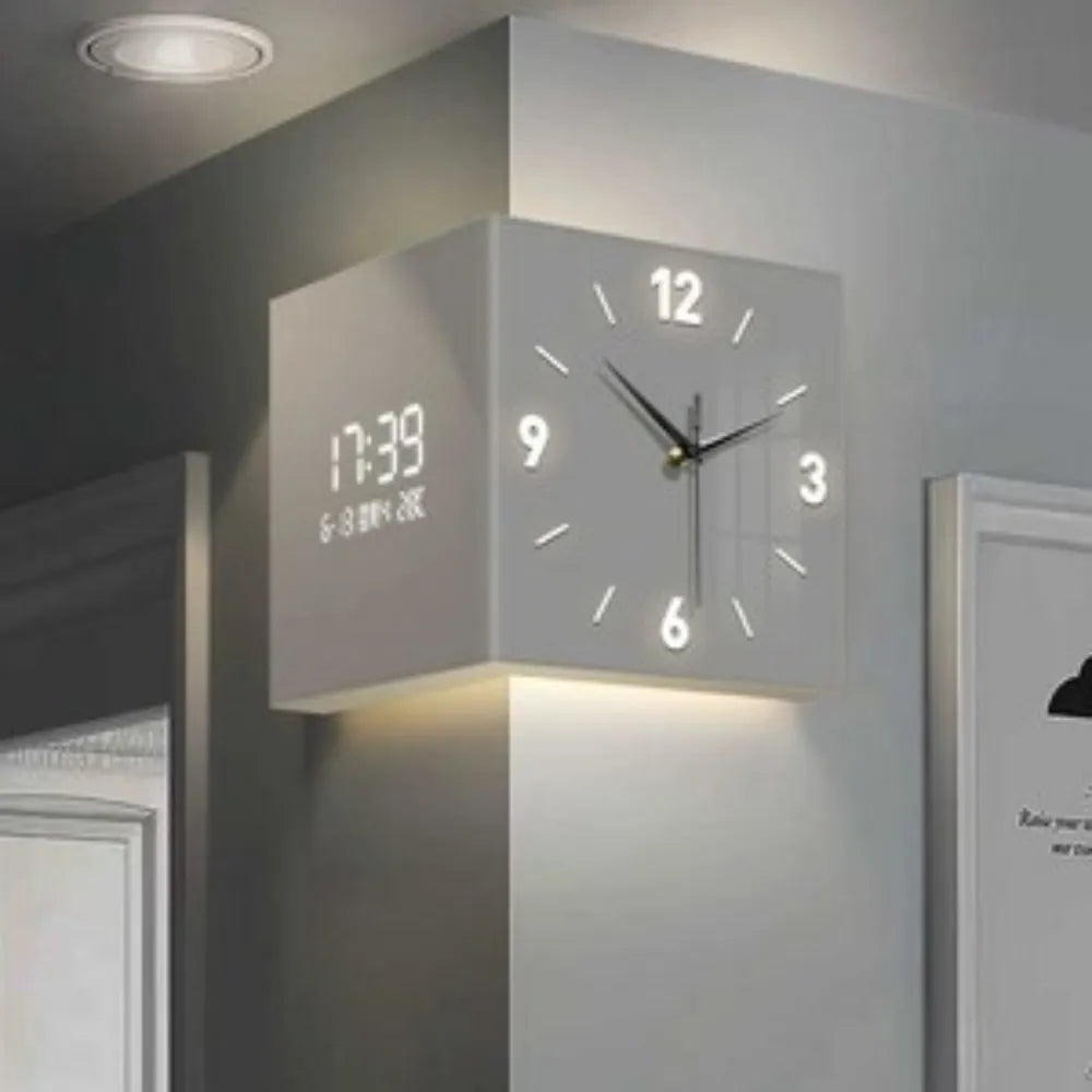 Modern Metal Corner Wall Clock – Double-Sided Analog & Digital Display, 30cm Square Hanging Clock for Living Room & Kitchen Decor, White
