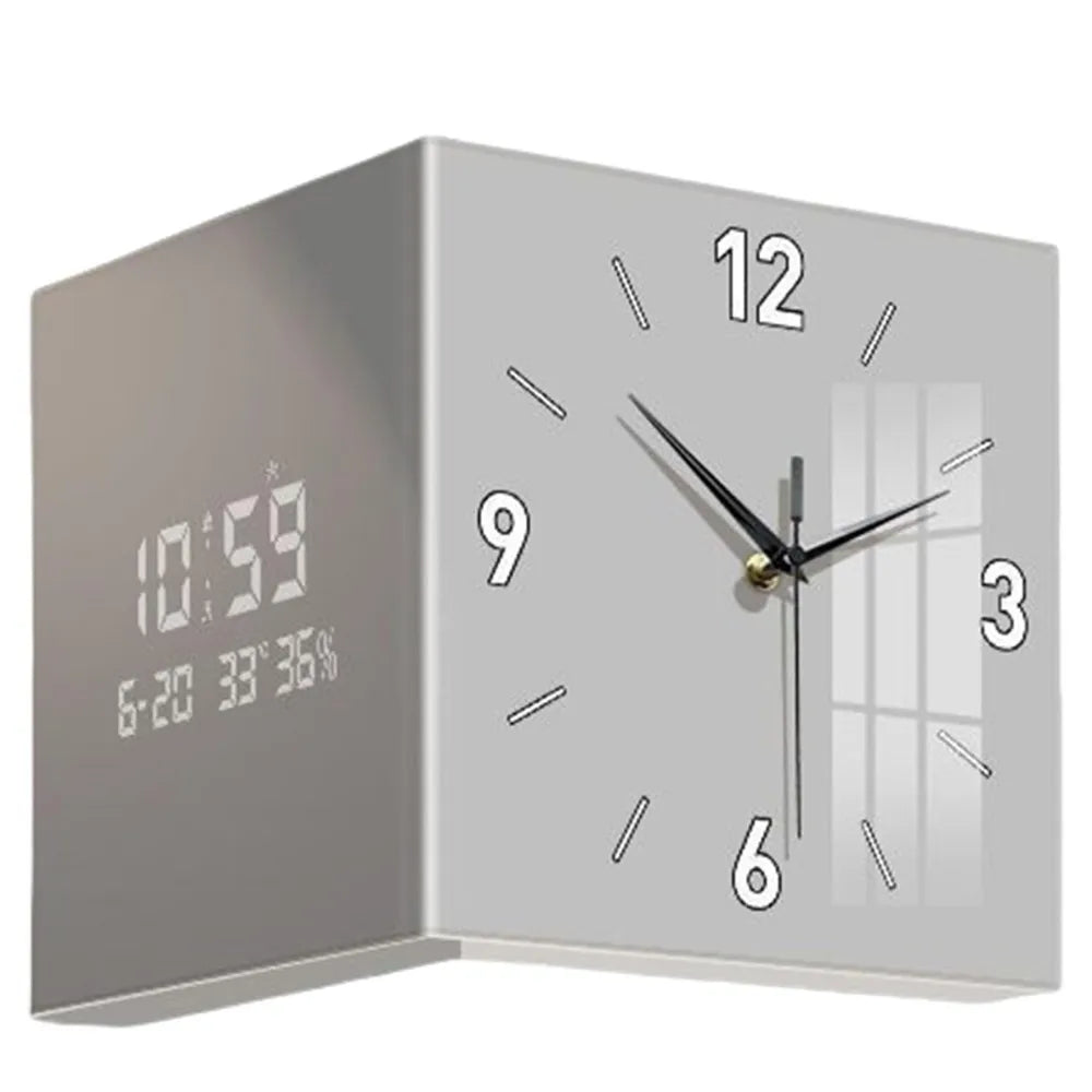 Modern Metal Corner Wall Clock – Double-Sided Analog & Digital Display, 30cm Square Hanging Clock for Living Room & Kitchen Decor, White