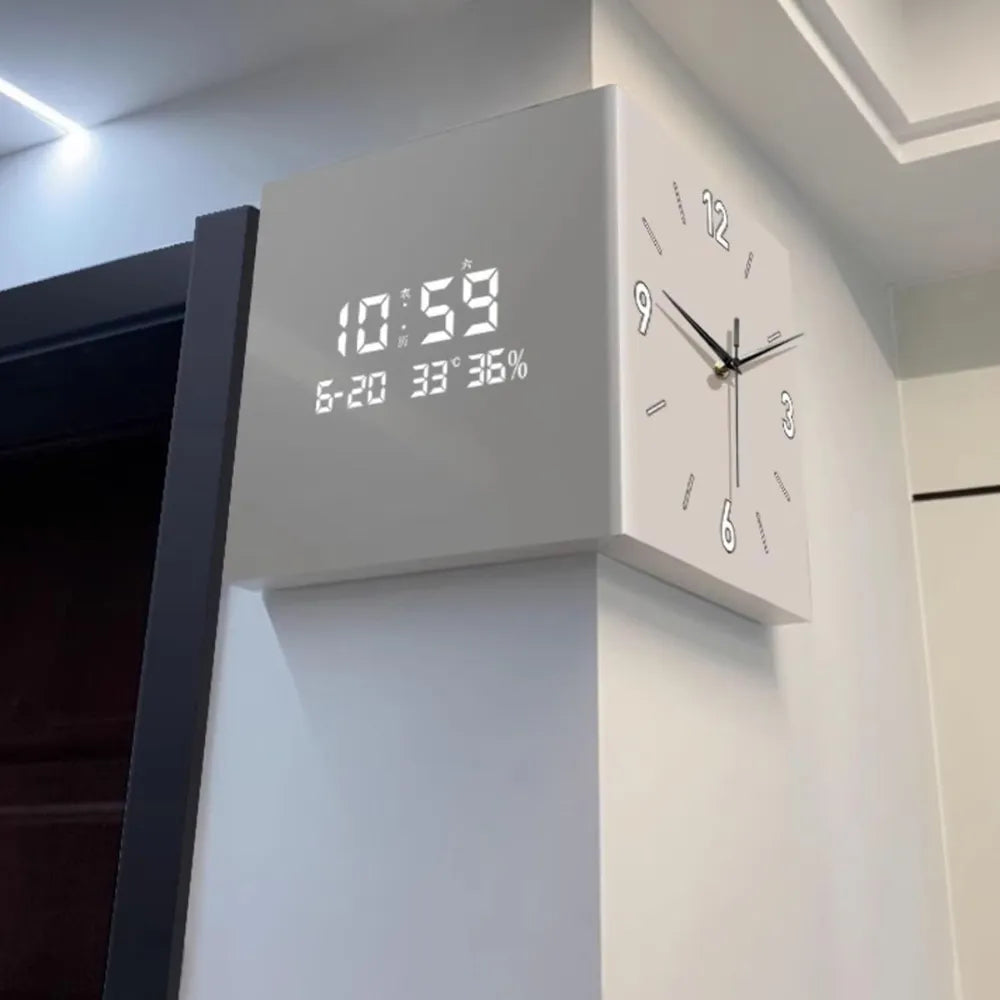 Modern Metal Corner Wall Clock – Double-Sided Analog & Digital Display, 30cm Square Hanging Clock for Living Room & Kitchen Decor, White