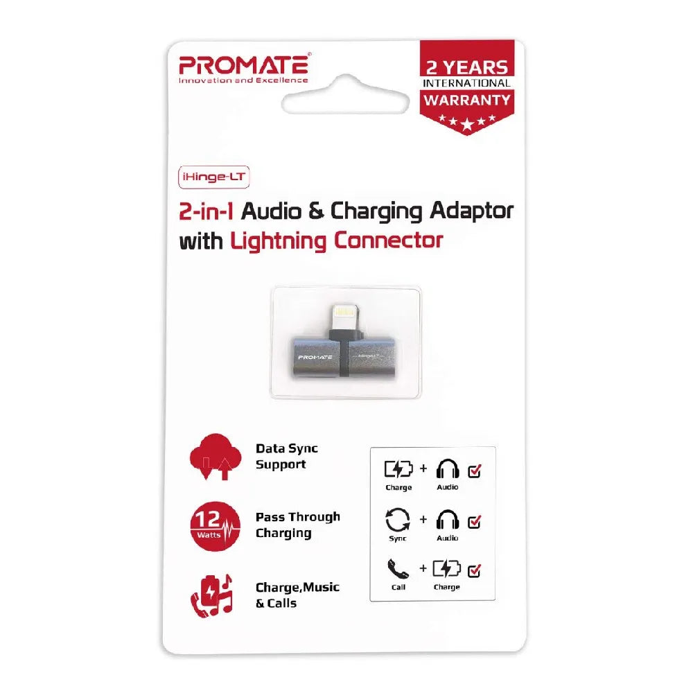 Promate 2-in-1 Audio & Charging Adapter 5V/2A Fast Charging Lightning Connector iPhone/iPad Compatibility
