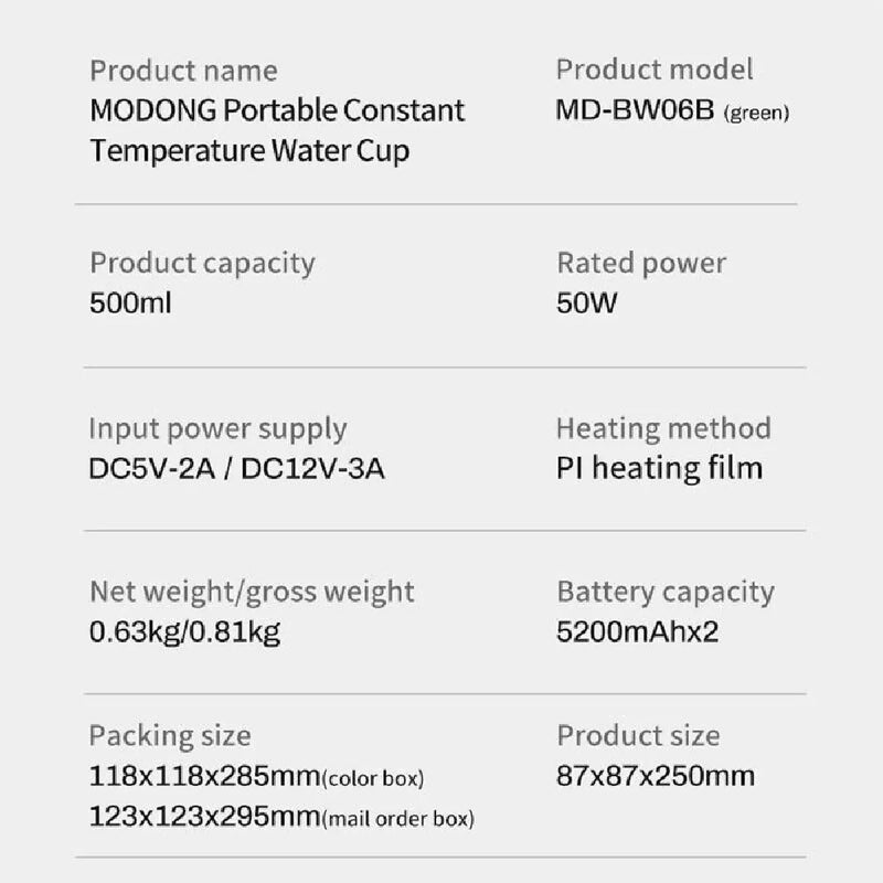Modong Portable Electric Cup With Stainless Steel Heating Element Intelligent Temperature Control 500ml Capacity 300W Power