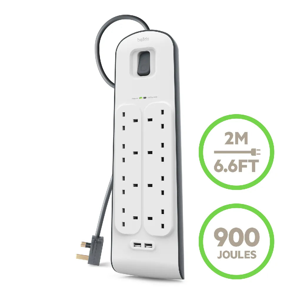 Belkin Surge Plus Power Strip Surge Protector 8 AC Outlets 2 USB Ports 900J Protection