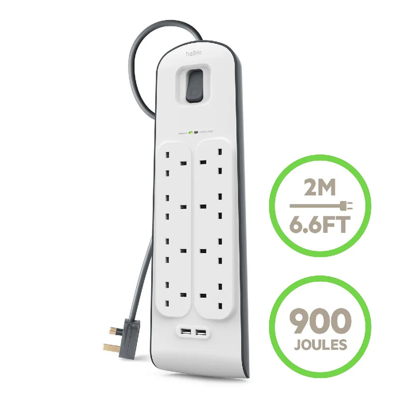 Belkin Surge Plus Power Strip Surge Protector 8 AC Outlets 2 USB Ports 900J Protection