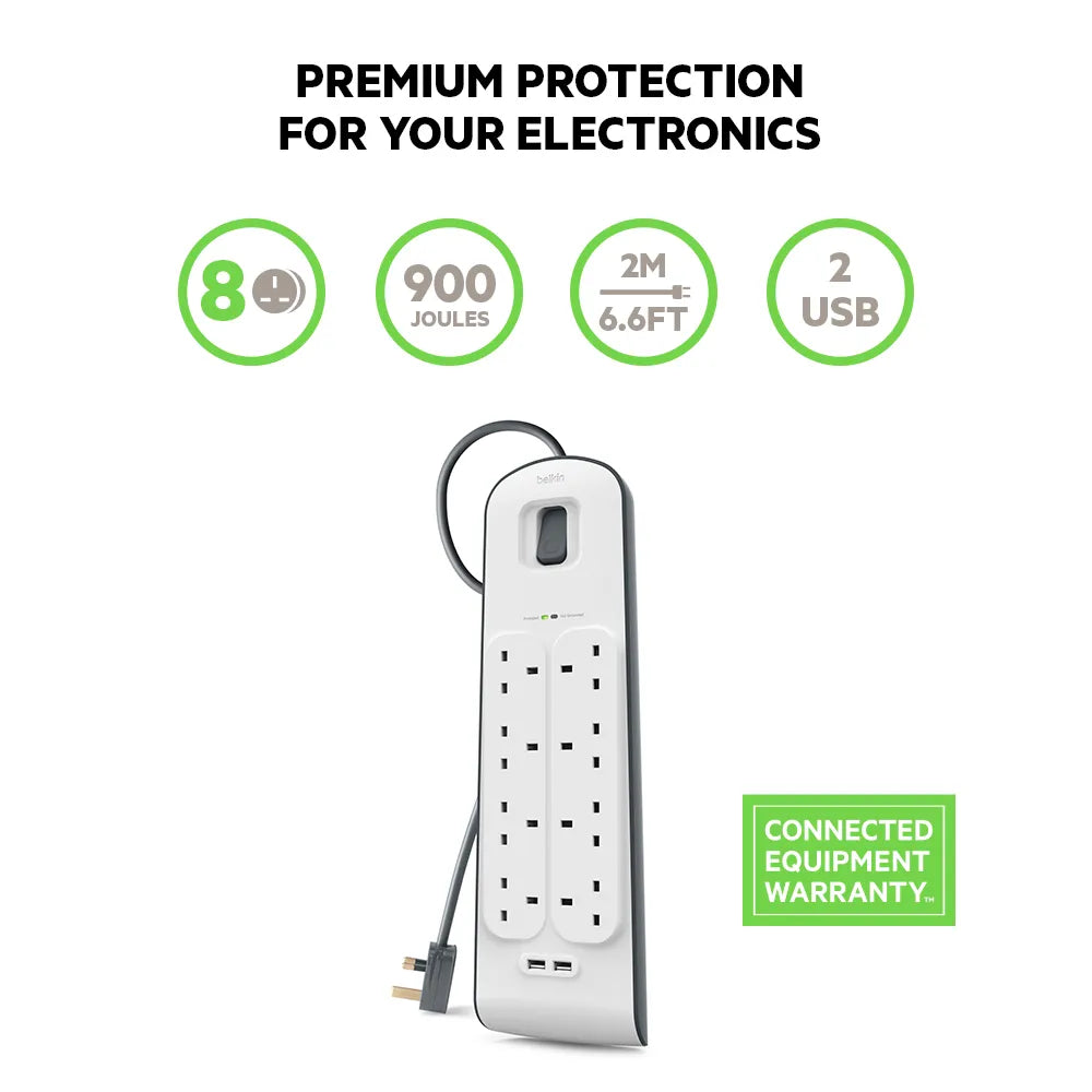 Belkin Surge Plus Power Strip Surge Protector 8 AC Outlets 2 USB Ports 900J Protection