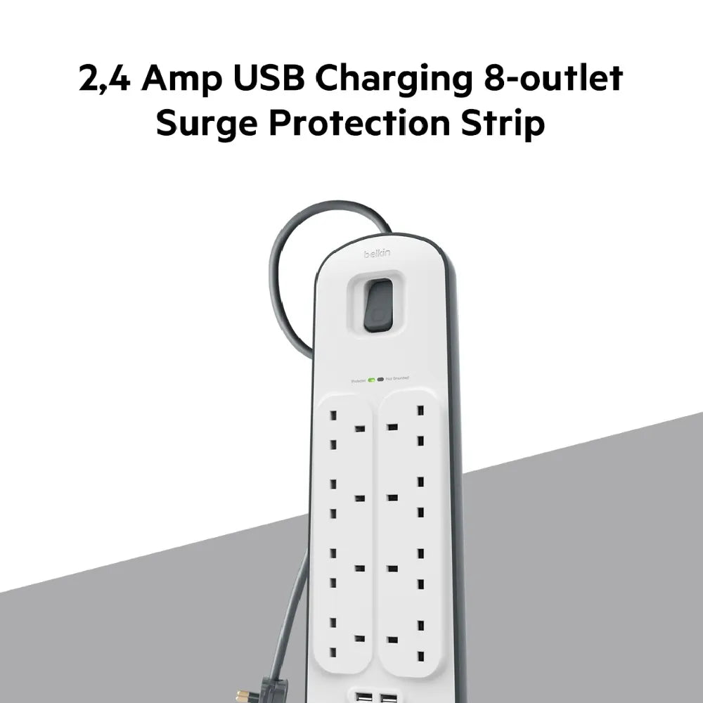 Belkin Surge Plus Power Strip Surge Protector 8 AC Outlets 2 USB Ports 900J Protection