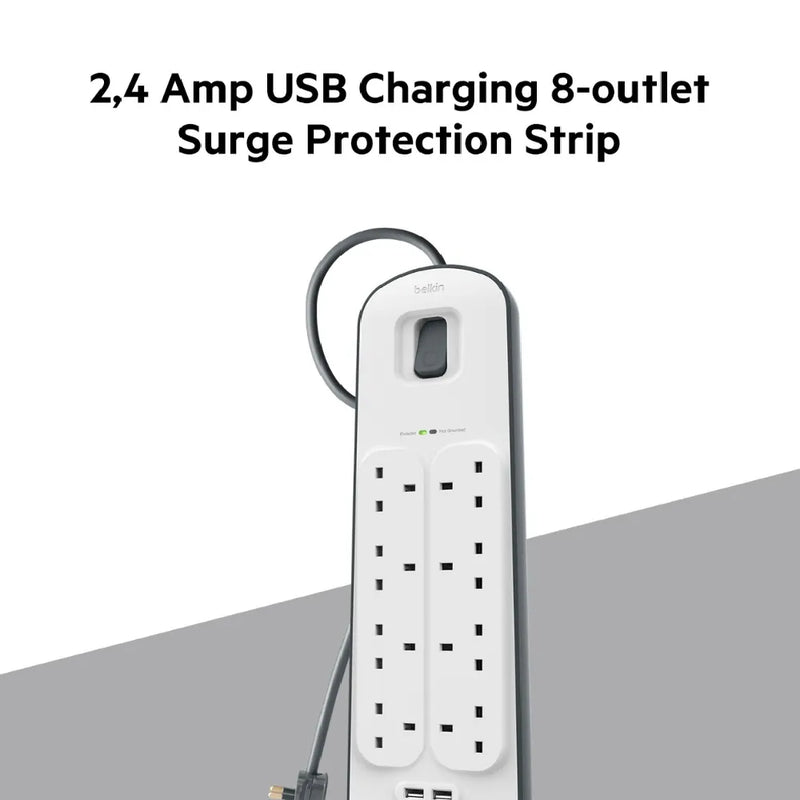 Belkin Surge Plus Power Strip Surge Protector 8 AC Outlets 2 USB Ports 900J Protection